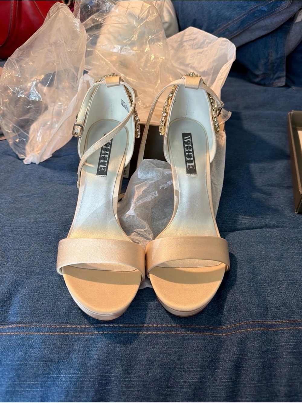 Vera Wang Champagne Satin Jewel-Ankle Platform Heels